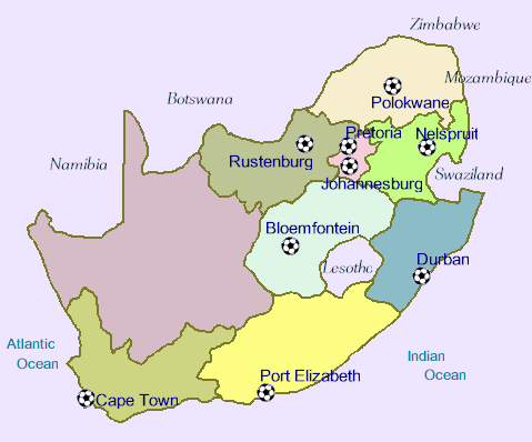 Map of World Cup Stadiums in South Africa